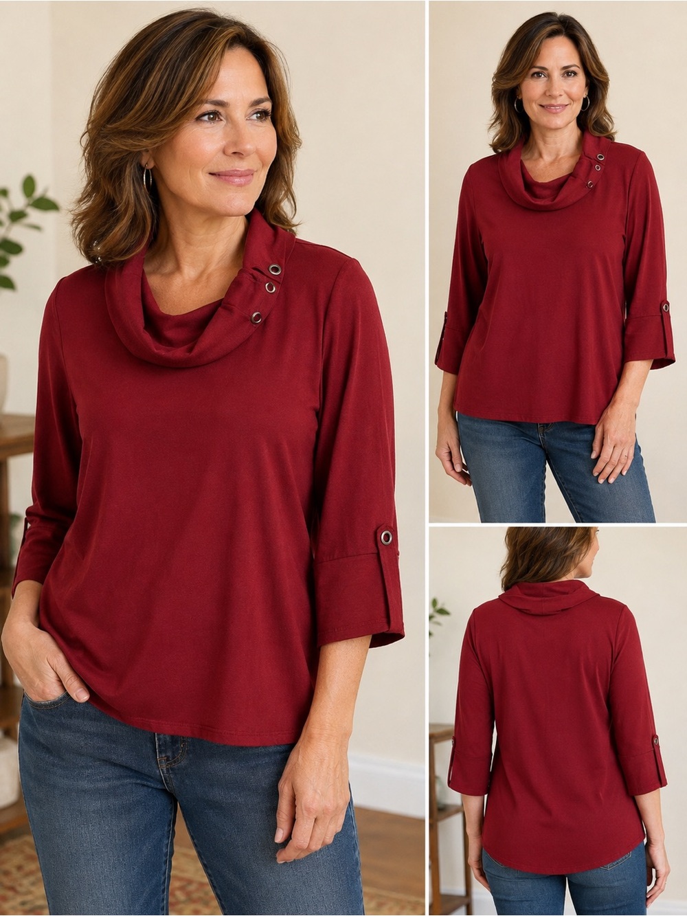 Neon Buddha Women’s Sz XL Burgundy Cowl Neck Top 3/4 Sleeve Button Accent Knit